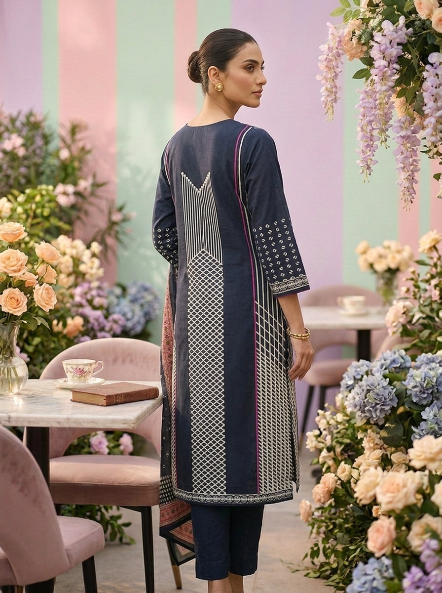 Neerus Blue cotton printed suit set - back view
