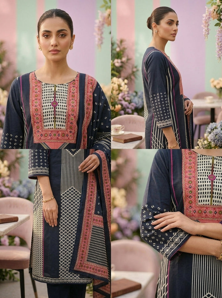 Neerus Blue cotton printed suit set - side view