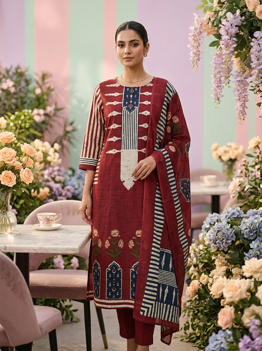 Neerus Maroon cotton printed suit set - front view