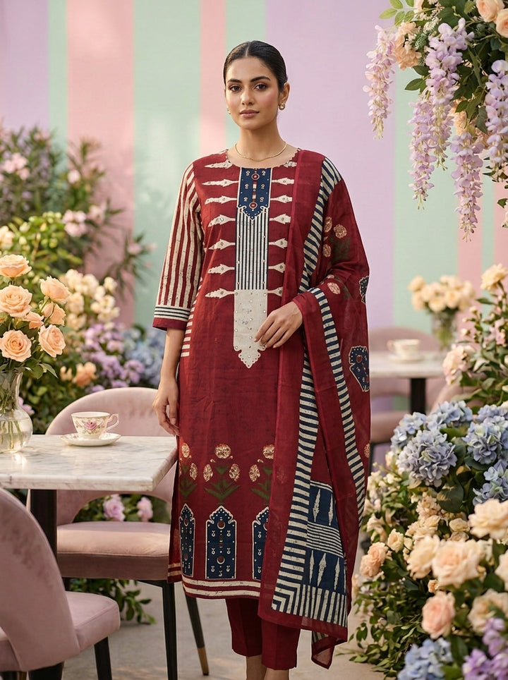 Neerus Maroon cotton printed suit set - front view