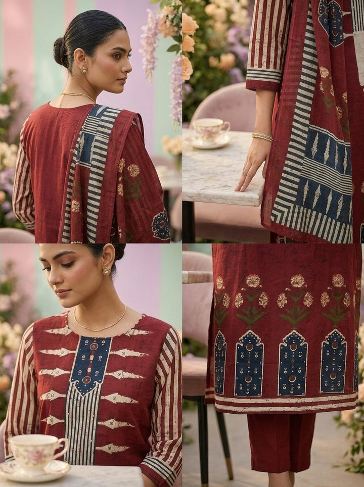 Neerus Maroon cotton printed suit set - side view
