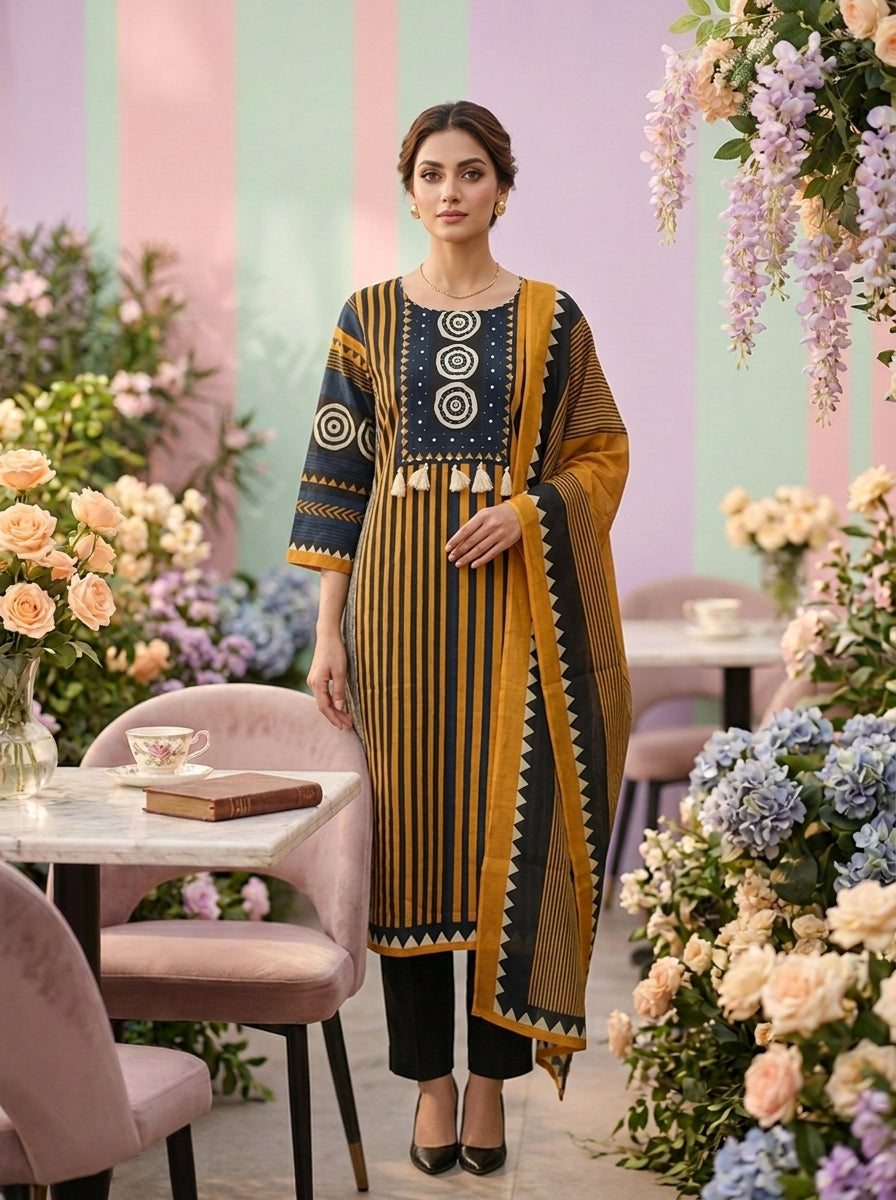 Neerus Yellow cotton printed suit set - front view