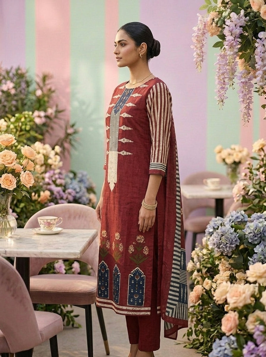 Neerus Maroon cotton printed suit set - detail view 1