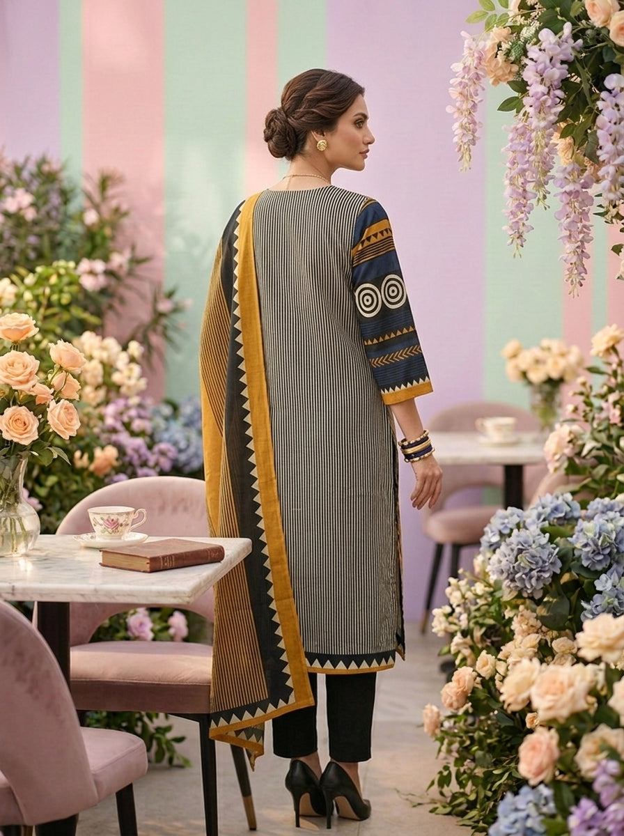Neerus Yellow cotton printed suit set - back view