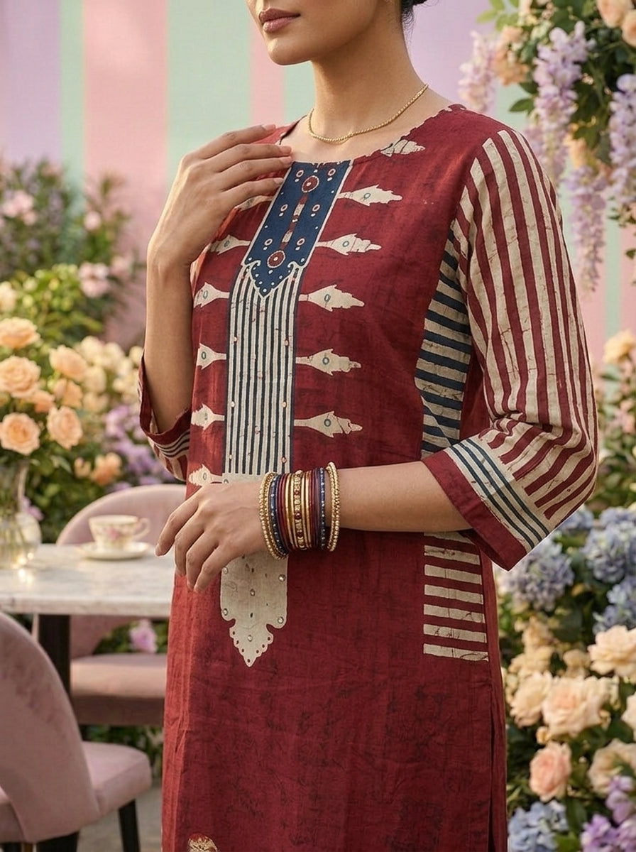 Neerus Maroon cotton printed suit set - detail view 2