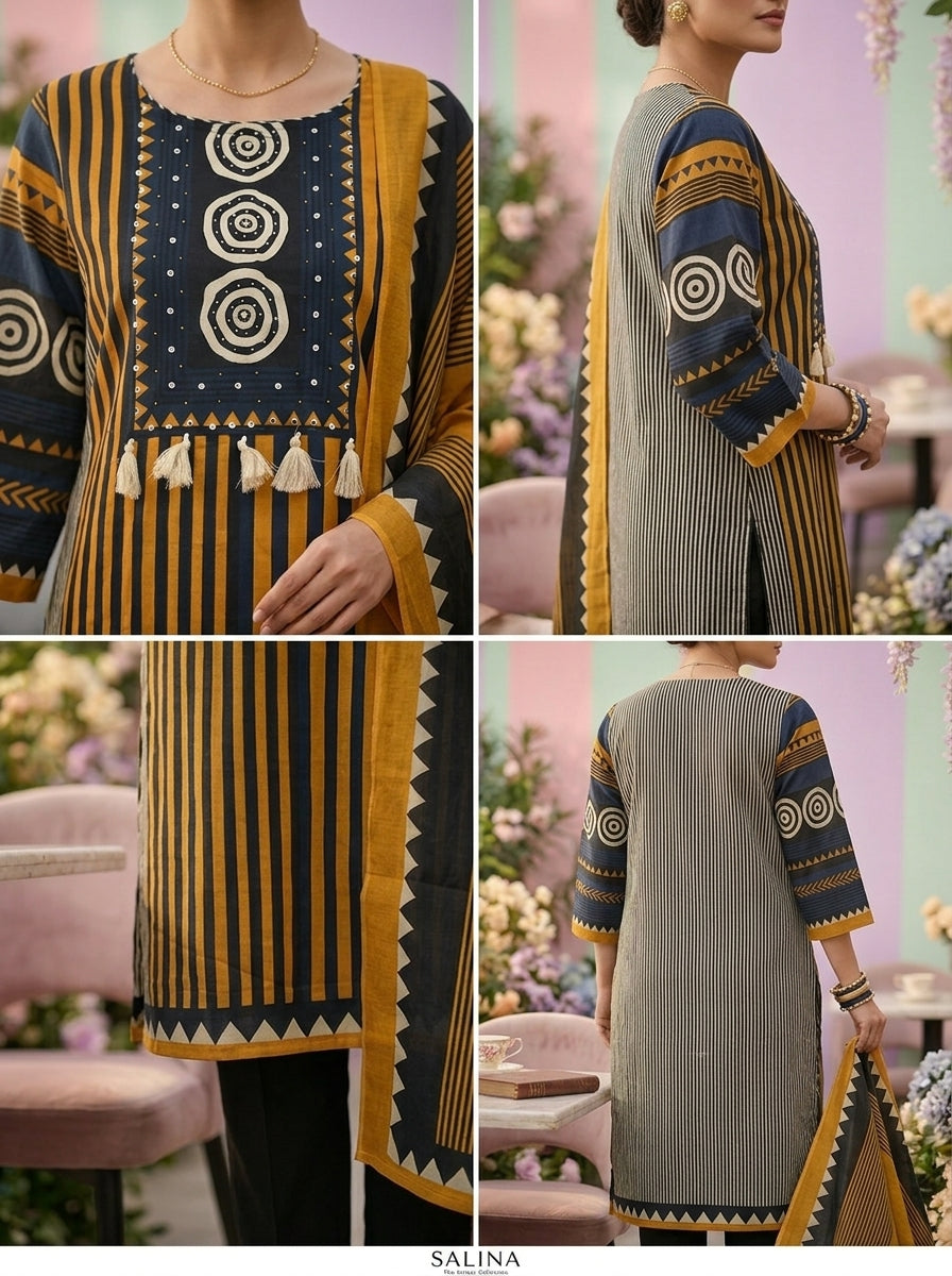 Neerus Yellow cotton printed suit set - side view