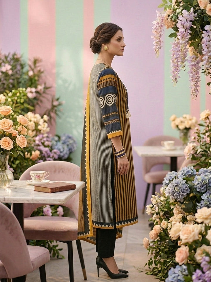Neerus Yellow cotton printed suit set - detail view 1