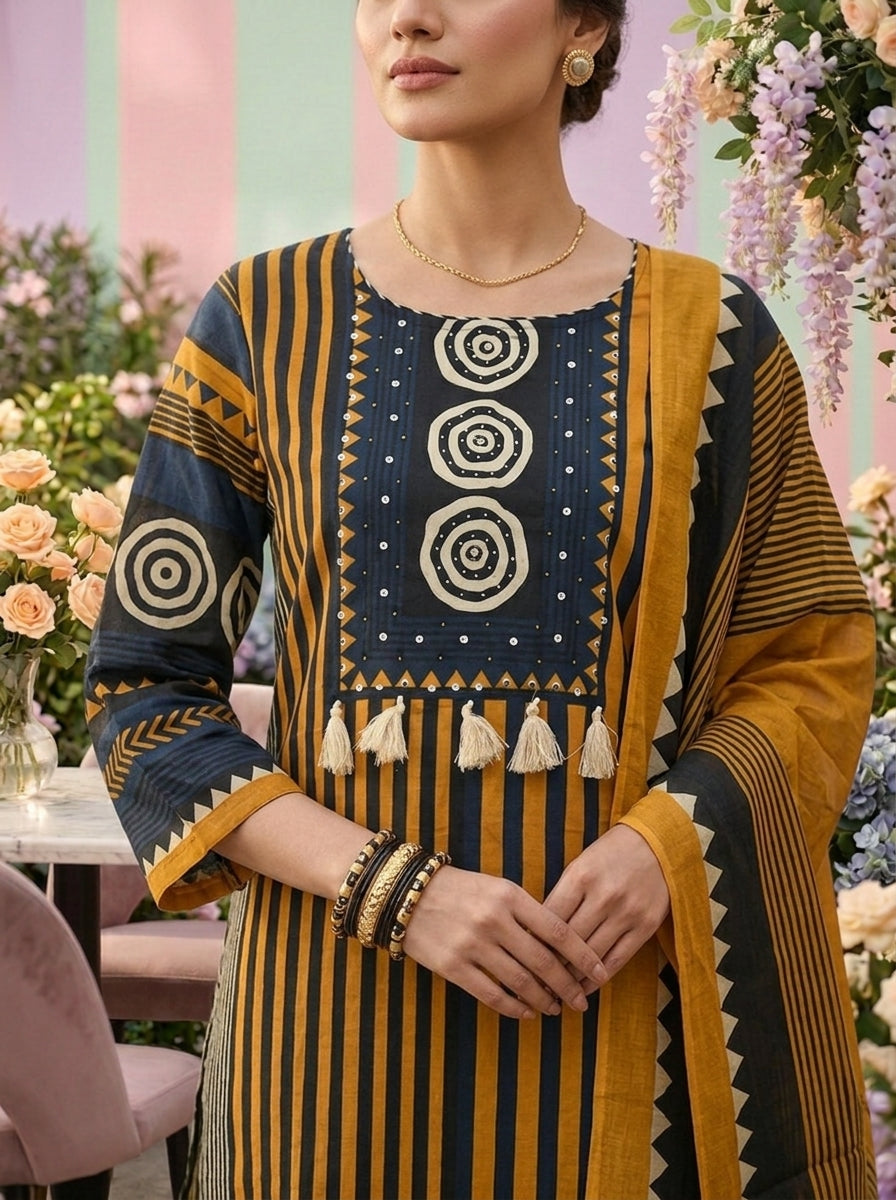Neerus Yellow cotton printed suit set - detail view 2