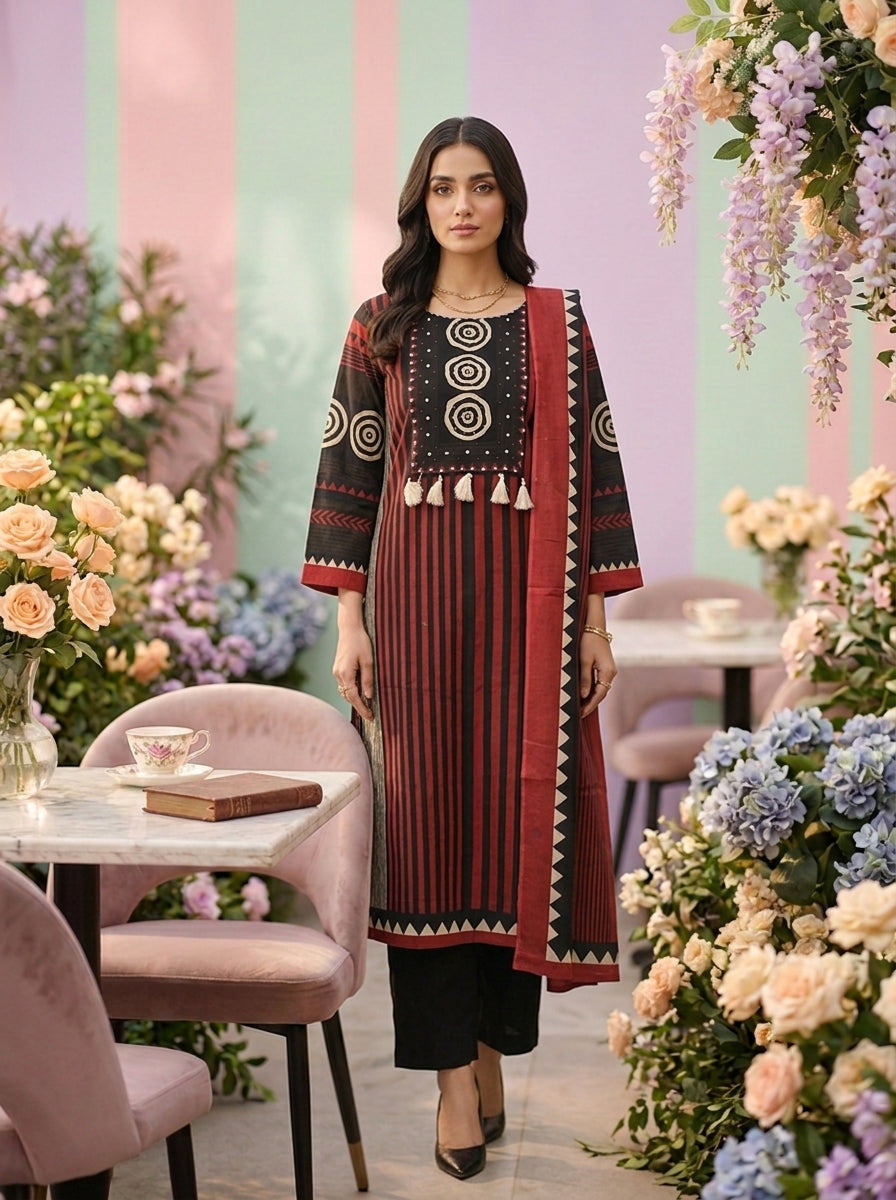 Neerus Maroon cotton printed suit set - front view