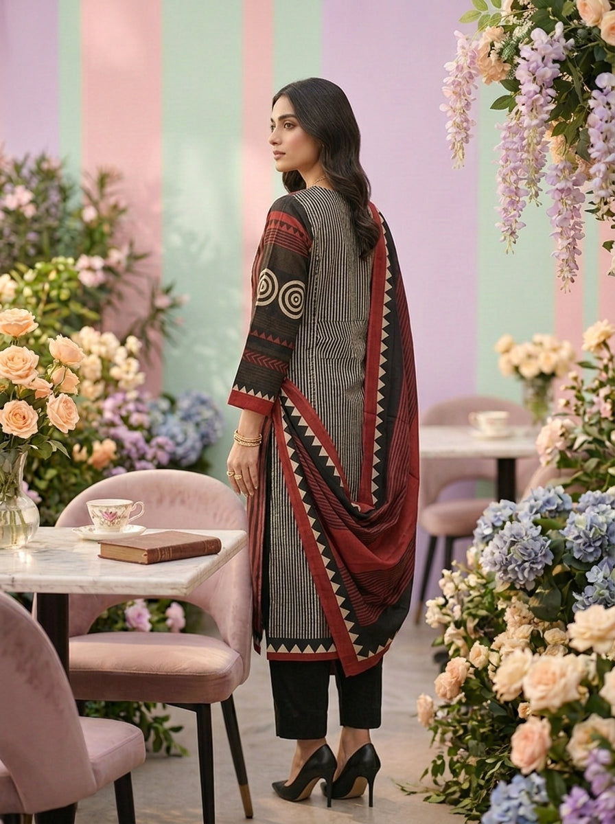 Neerus Maroon cotton printed suit set - back view