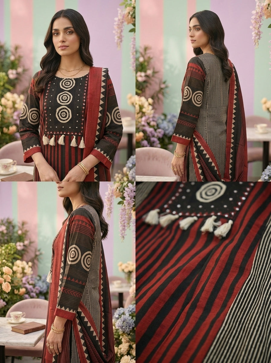 Neerus Maroon cotton printed suit set - side view
