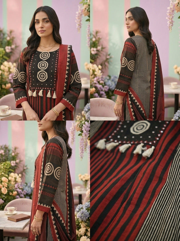 Neerus Maroon cotton printed suit set - side view