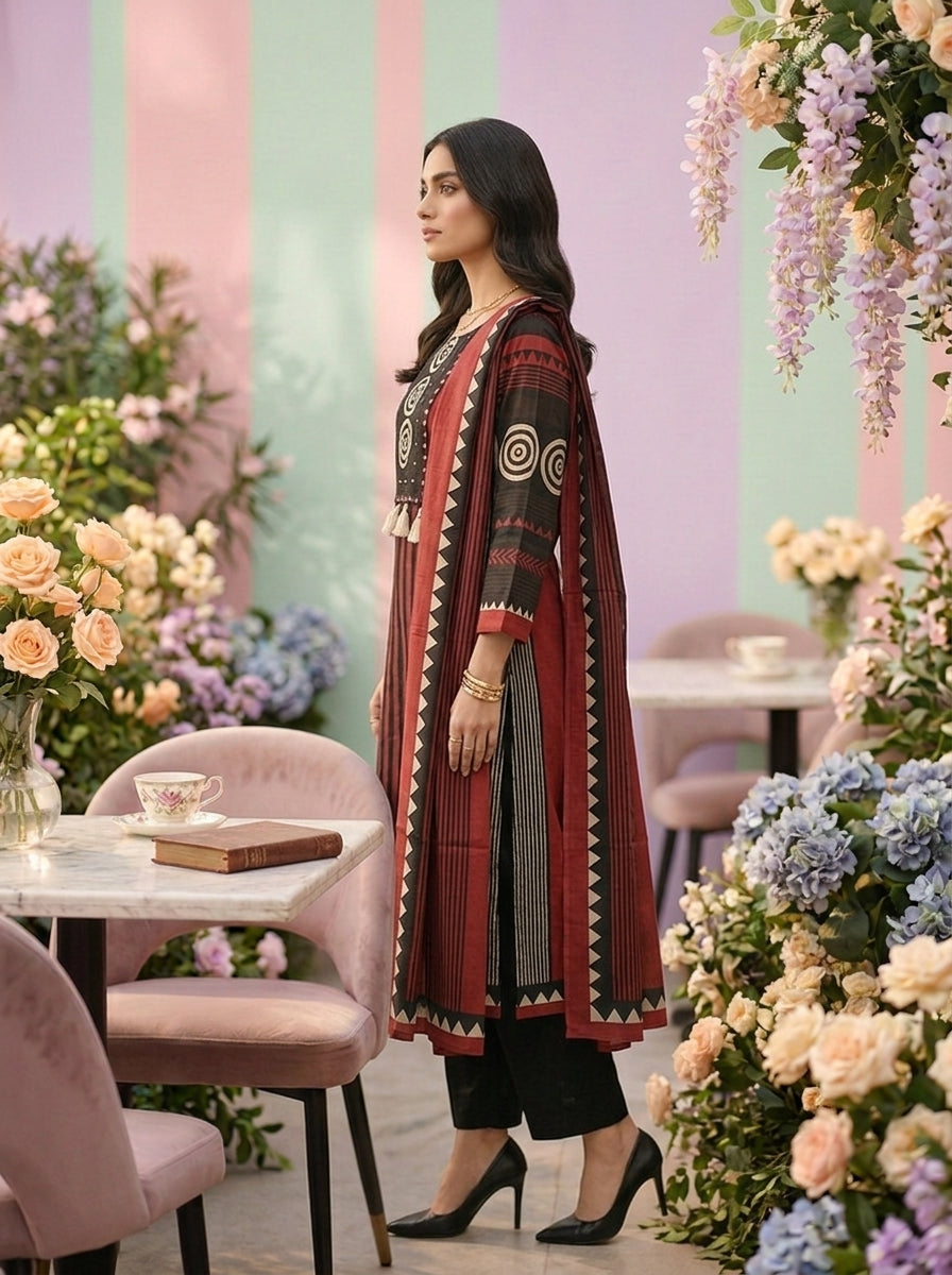 Neerus Maroon cotton printed suit set - detail view 1