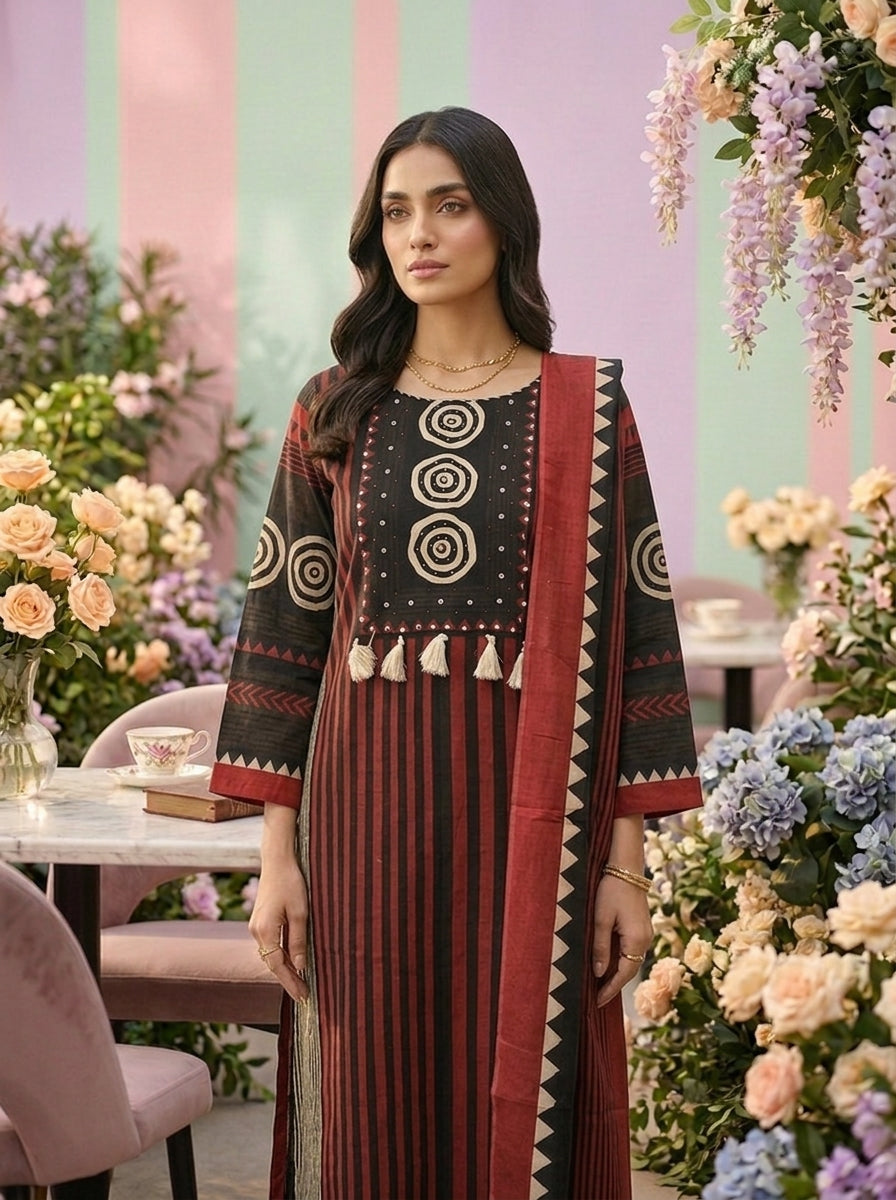 Neerus Maroon cotton printed suit set - detail view 2