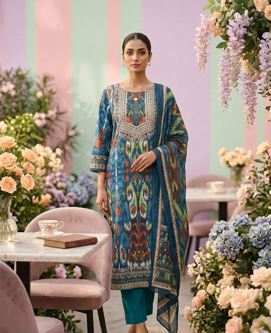 Neerus Blue cotton solid suit set - front view