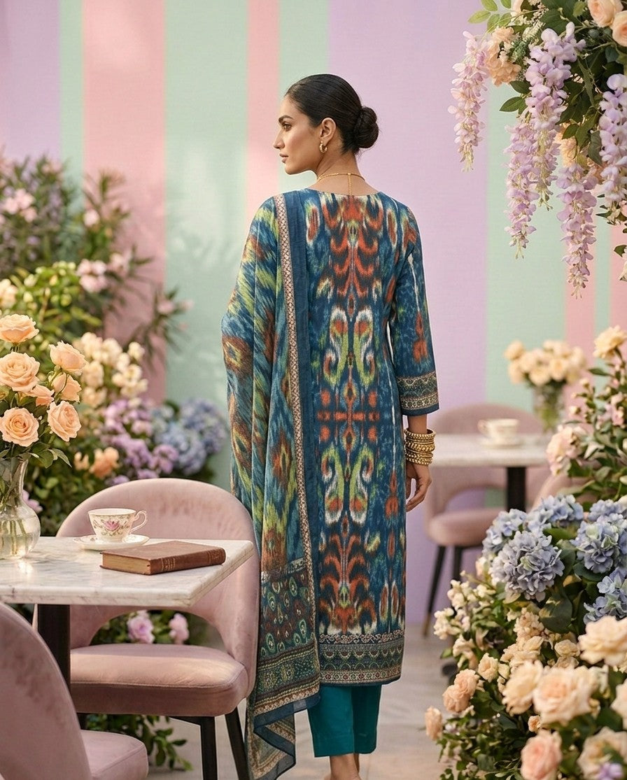Neerus Blue cotton solid suit set - back view
