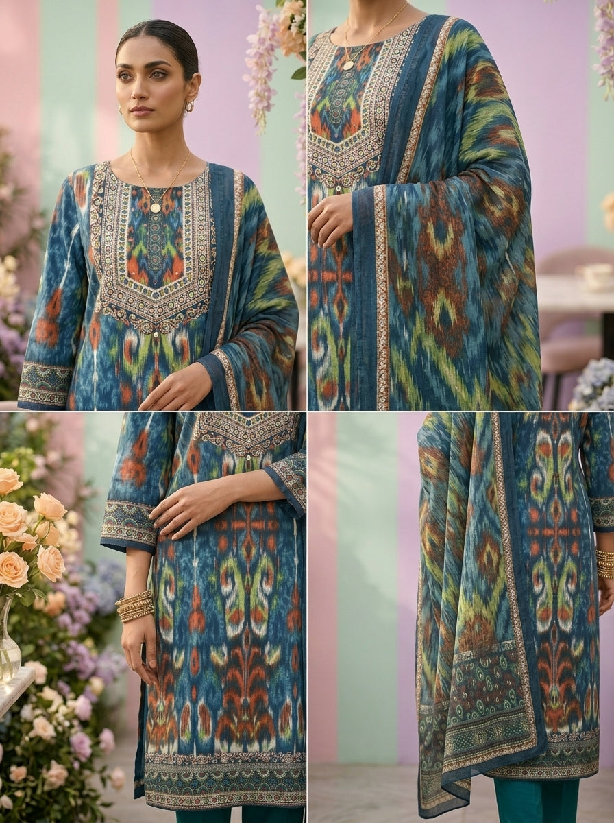 Neerus Blue cotton solid suit set - side view