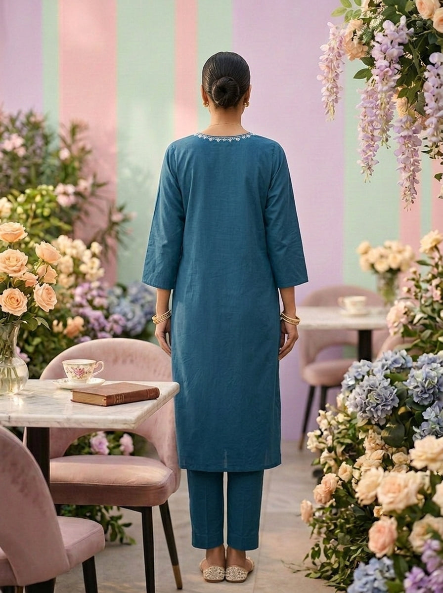 Neerus Green cotton embroidered suit set - back view
