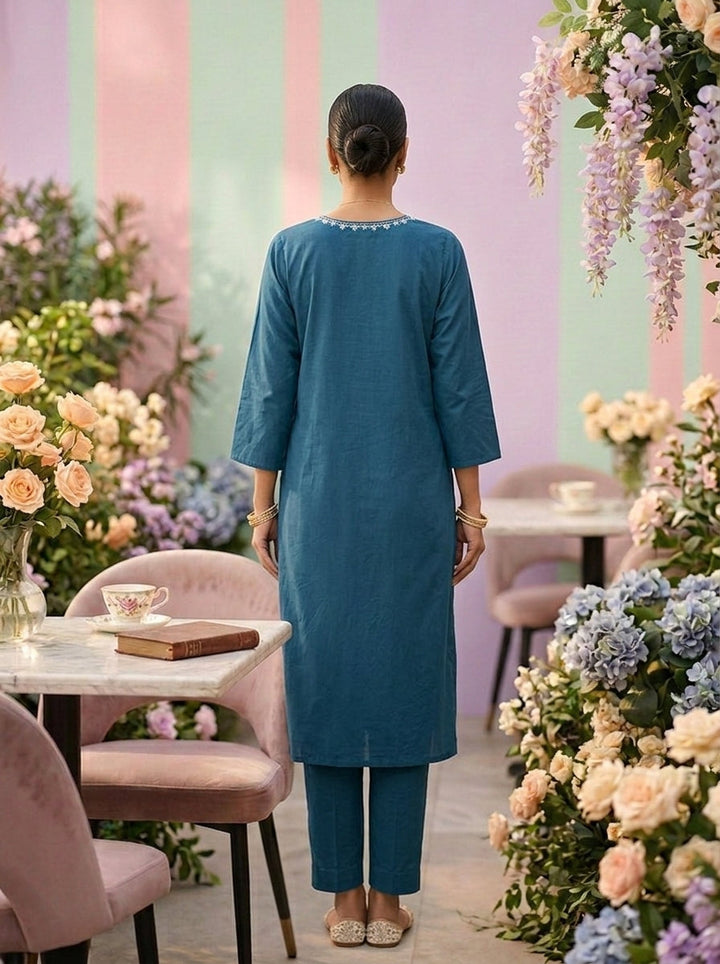 Neerus Green cotton embroidered suit set - back view