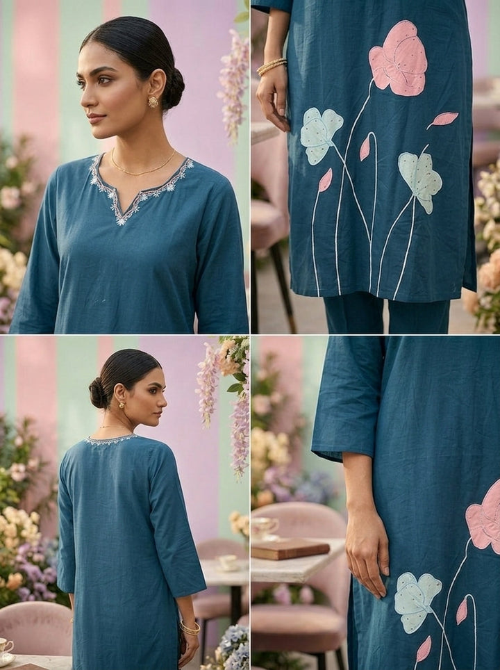 Neerus Green cotton embroidered suit set - side view