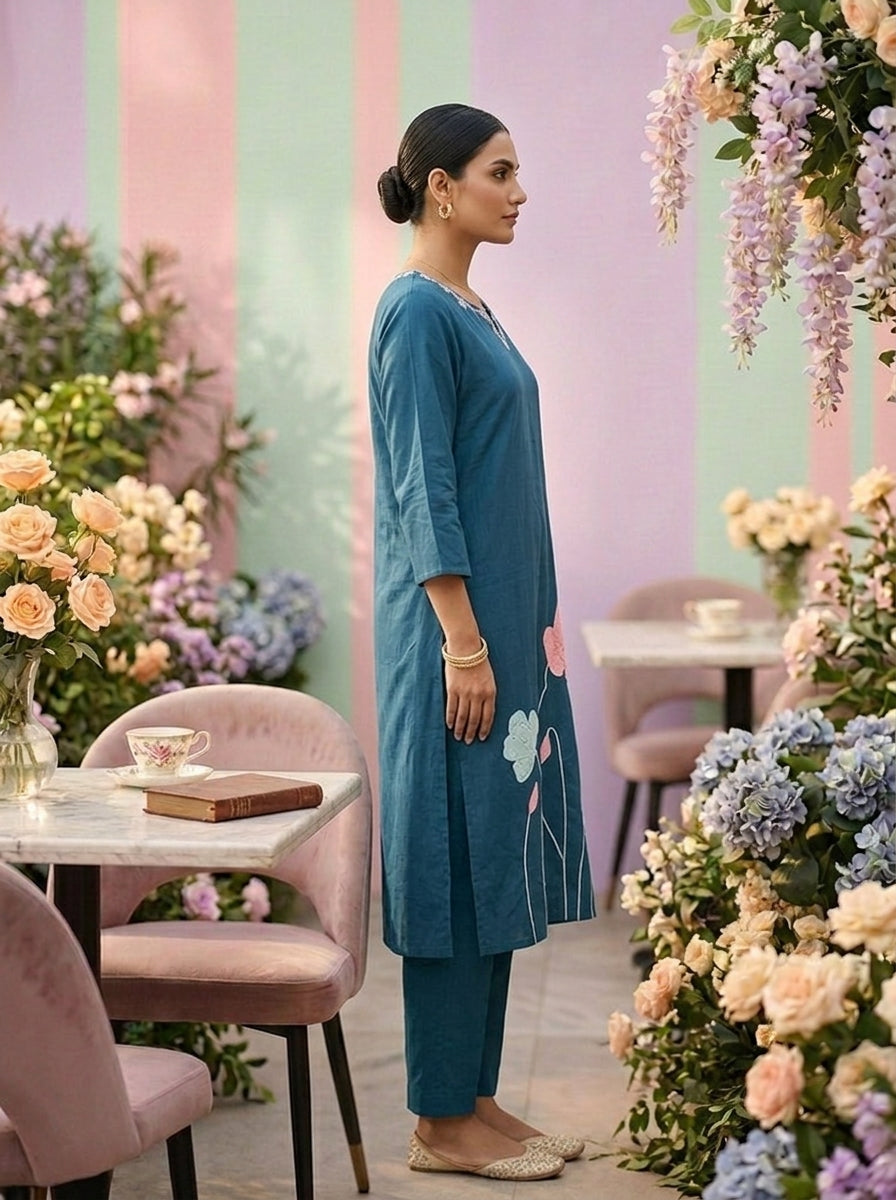 Neerus Green cotton embroidered suit set - detail view 1