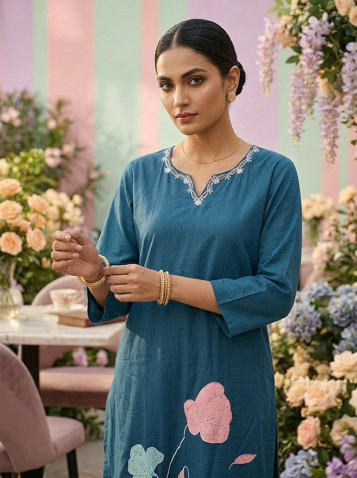 Neerus Green cotton embroidered suit set - detail view 2