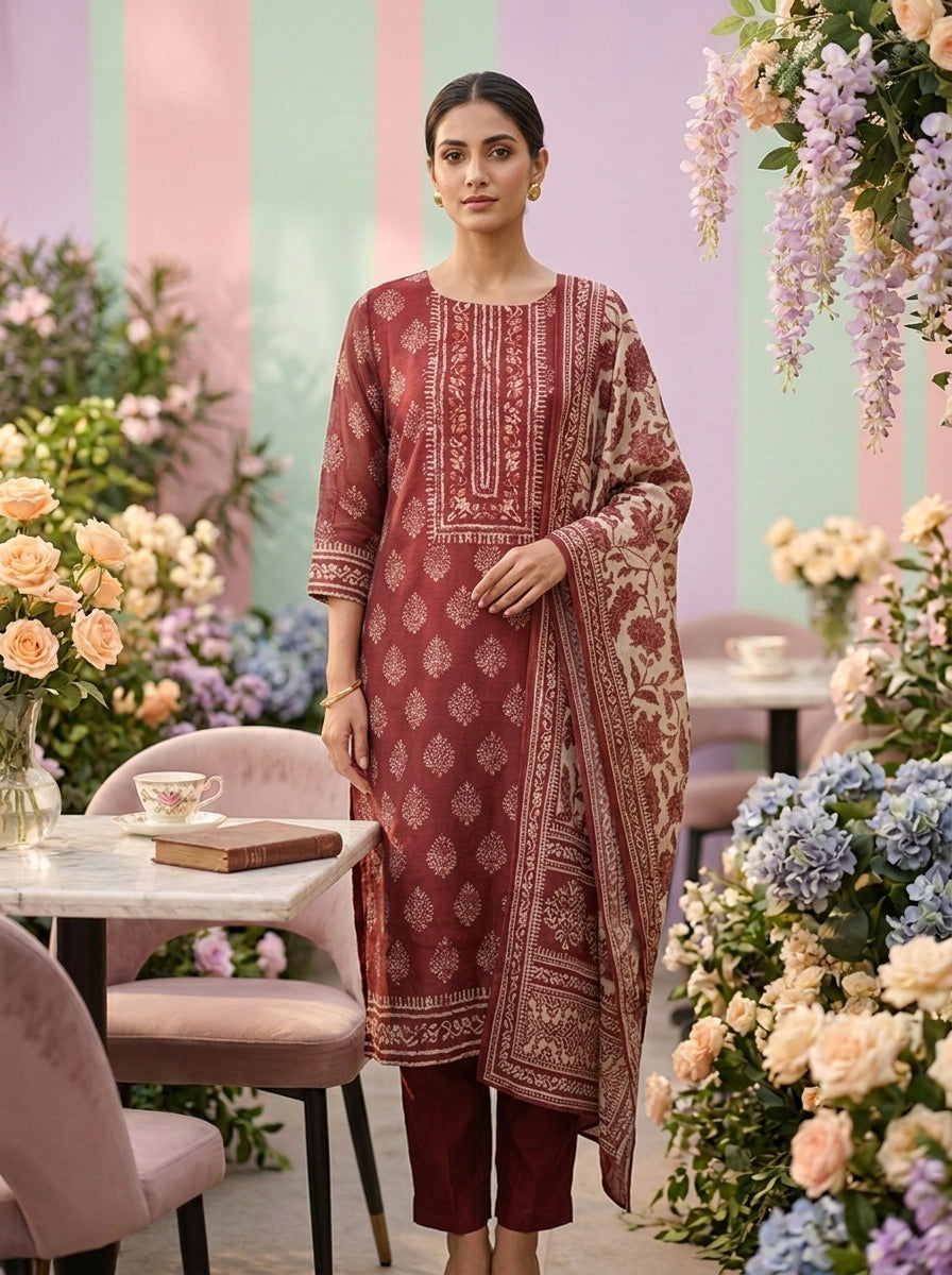 Neerus Brown Chanderi printed suit set - front view