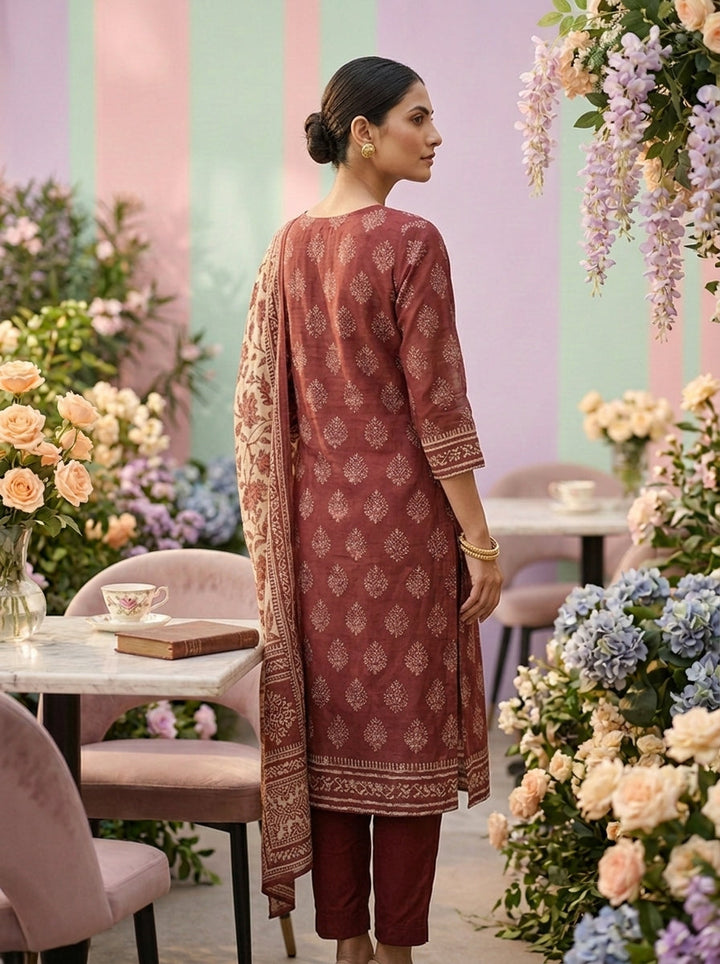 Neerus Brown Chanderi printed suit set - back view