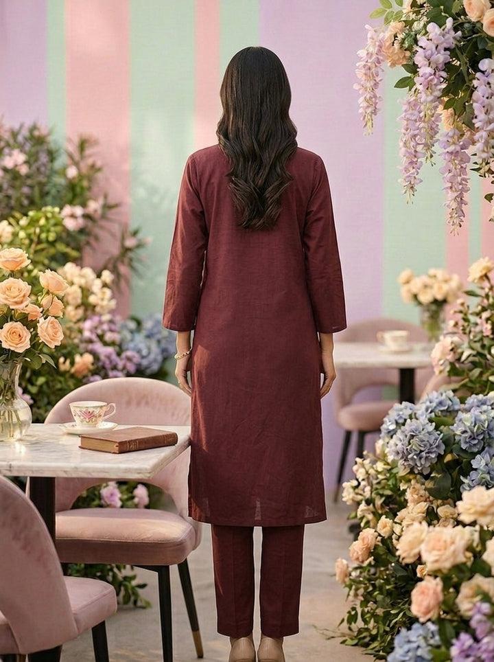 Neerus Maroon cotton embroidered suit set - back view