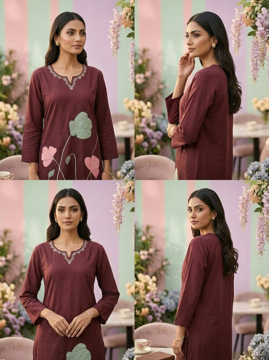 Neerus Maroon cotton embroidered suit set - side view