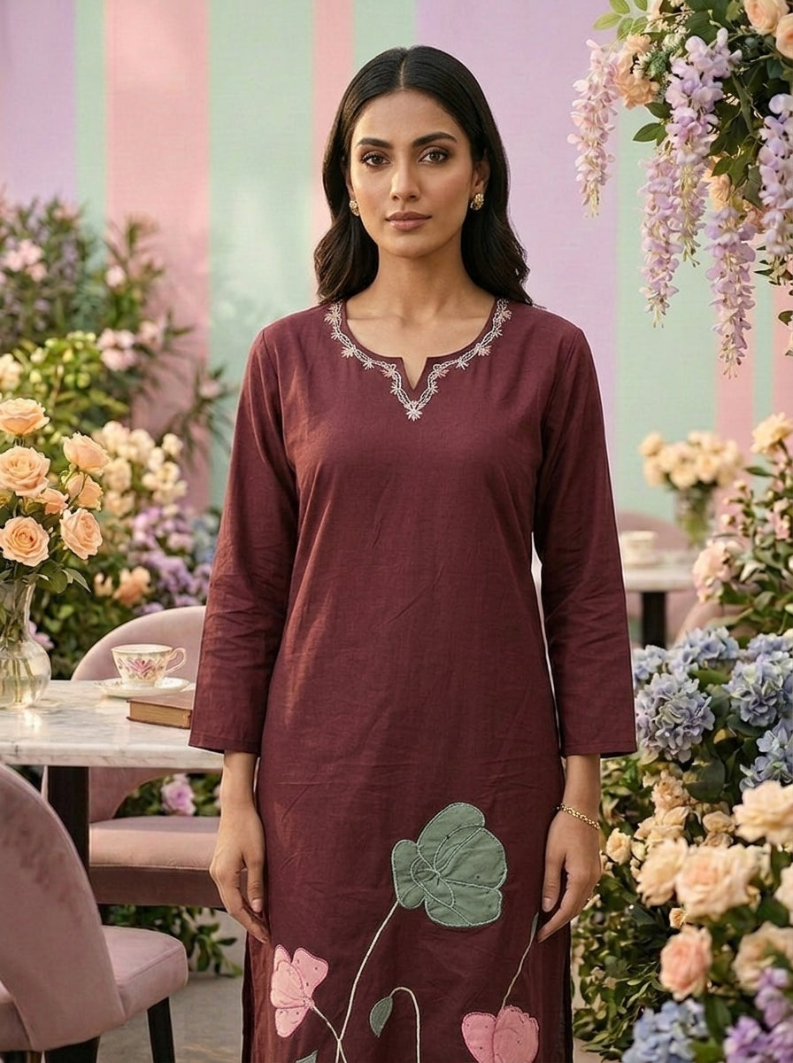 Neerus Maroon cotton embroidered suit set - detail view 1