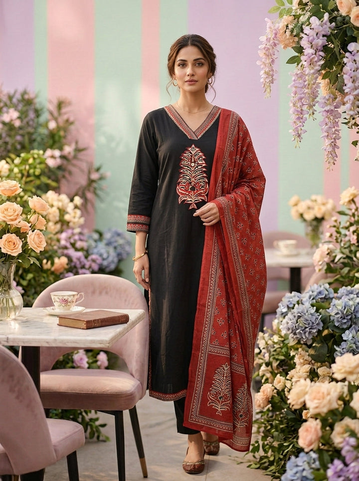 Neerus Black cotton solid suit set with contrast dupatta - front view