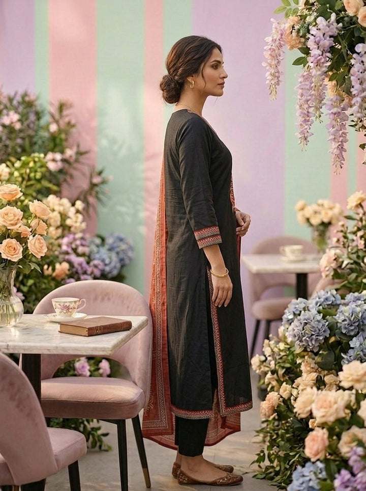 Neerus Black cotton solid suit set with contrast dupatta - detail view 1