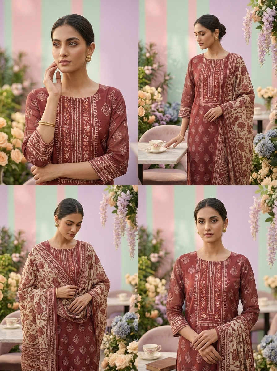 Neerus Brown Chanderi printed suit set - side view