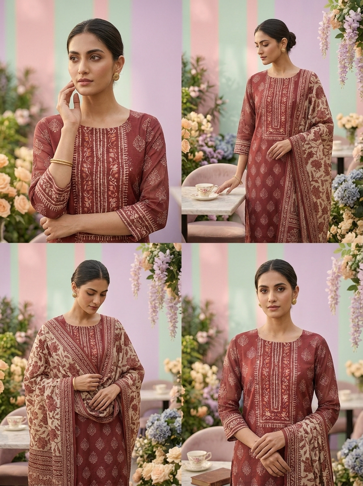Neerus Brown Chanderi printed suit set - side view