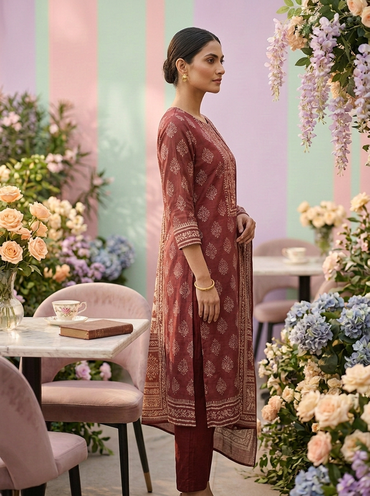 Neerus Brown Chanderi printed suit set - detail view 1