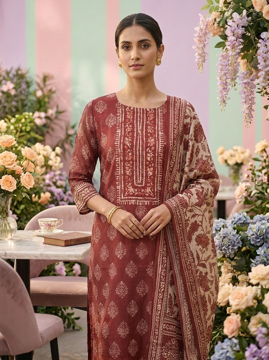 Neerus Brown Chanderi printed suit set - detail view 2