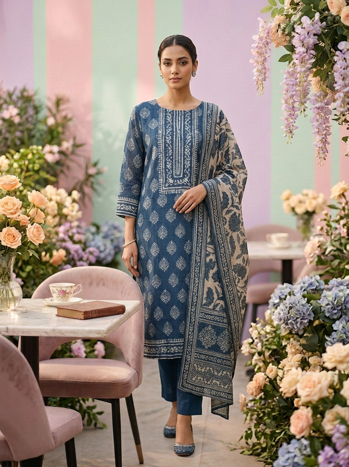 Neerus Blue Chanderi printed suit set - front view
