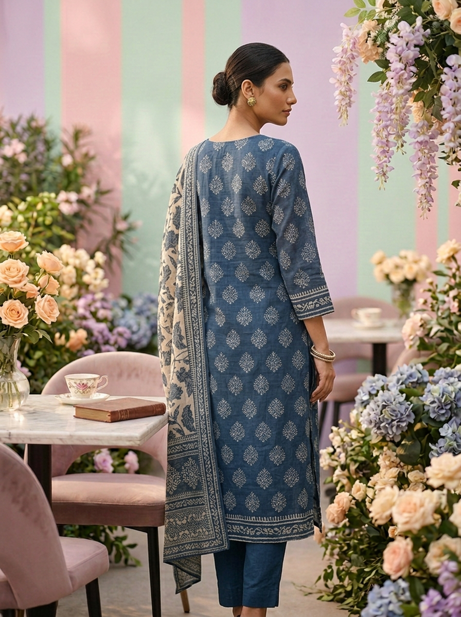Neerus Blue Chanderi printed suit set - back view