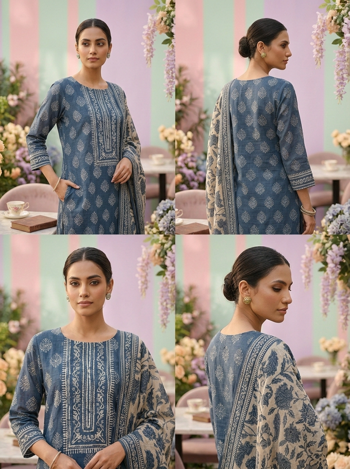 Neerus Blue Chanderi printed suit set - side view