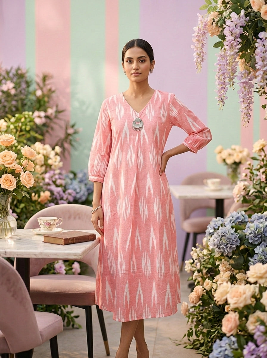 Neerus Pink cotton printed kurti - front view