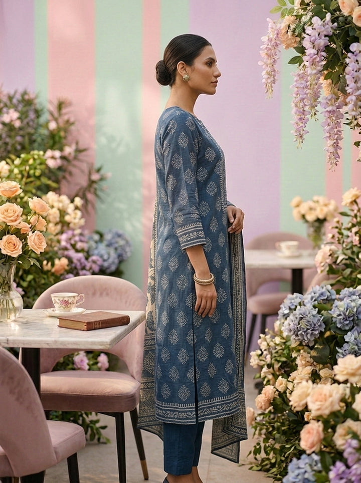 Neerus Blue Chanderi printed suit set - detail view 1