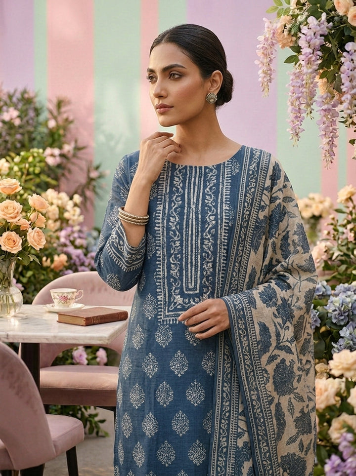 Neerus Blue Chanderi printed suit set - detail view 2