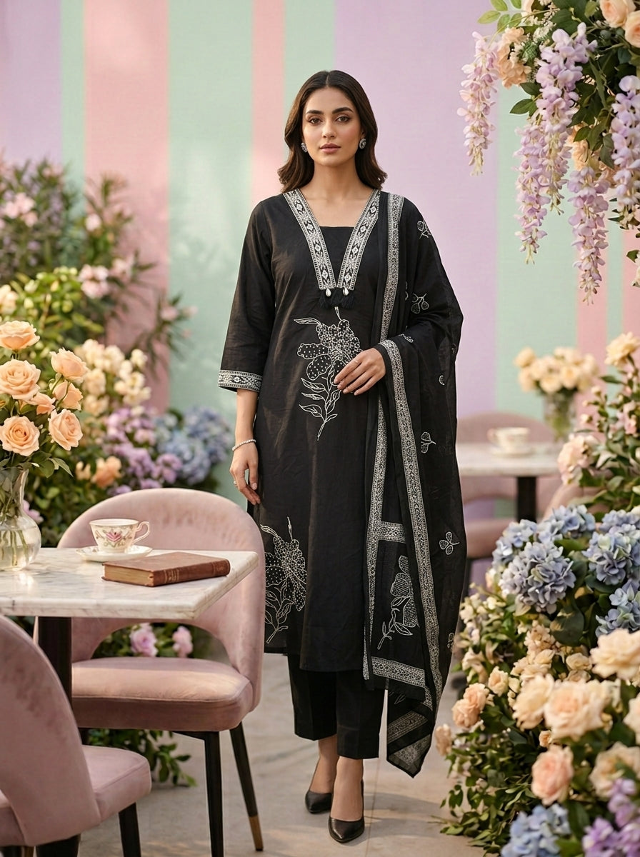 Neerus Black cotton printed suit set - front view