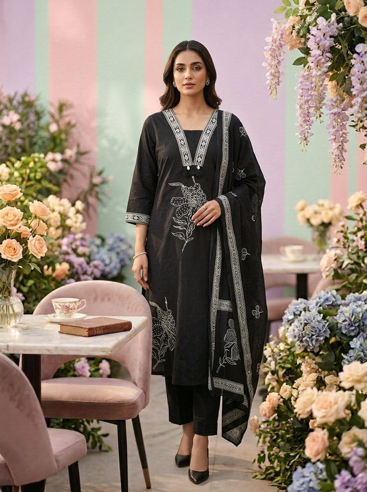 Neerus Black cotton printed suit set - front view