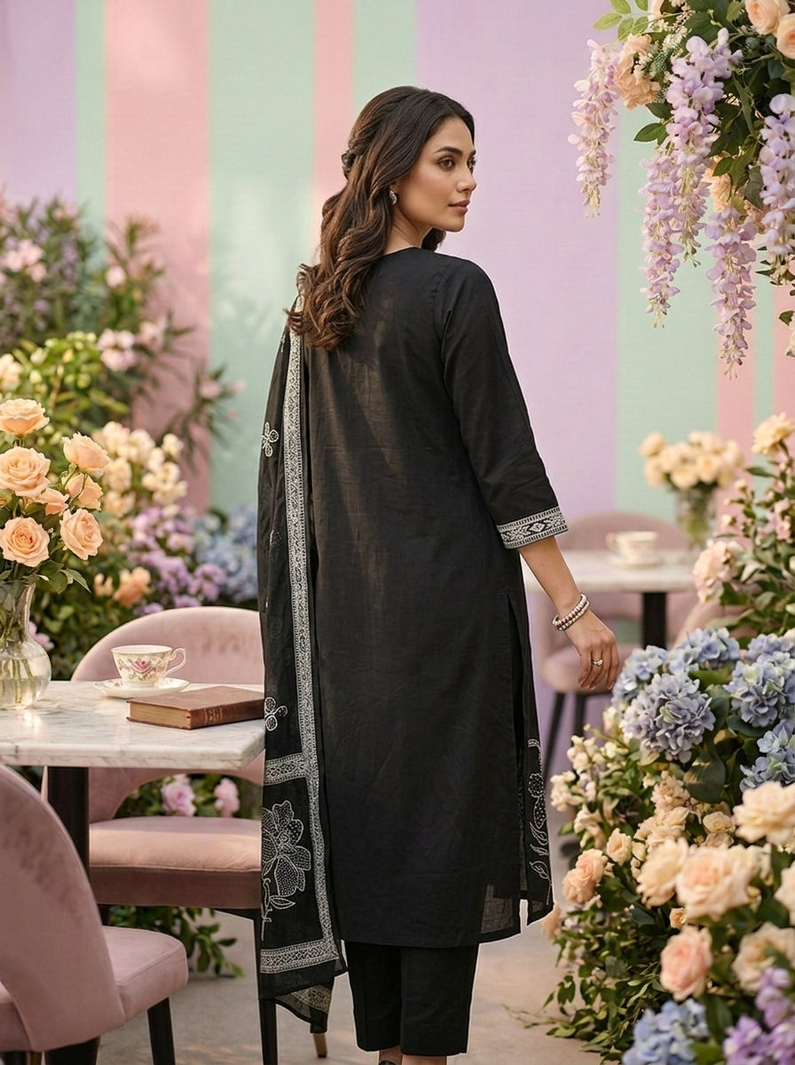 Neerus Black cotton printed suit set - back view