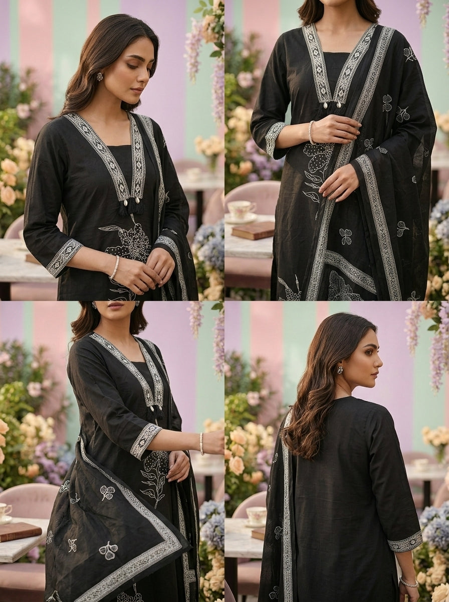 Neerus Black cotton printed suit set - side view
