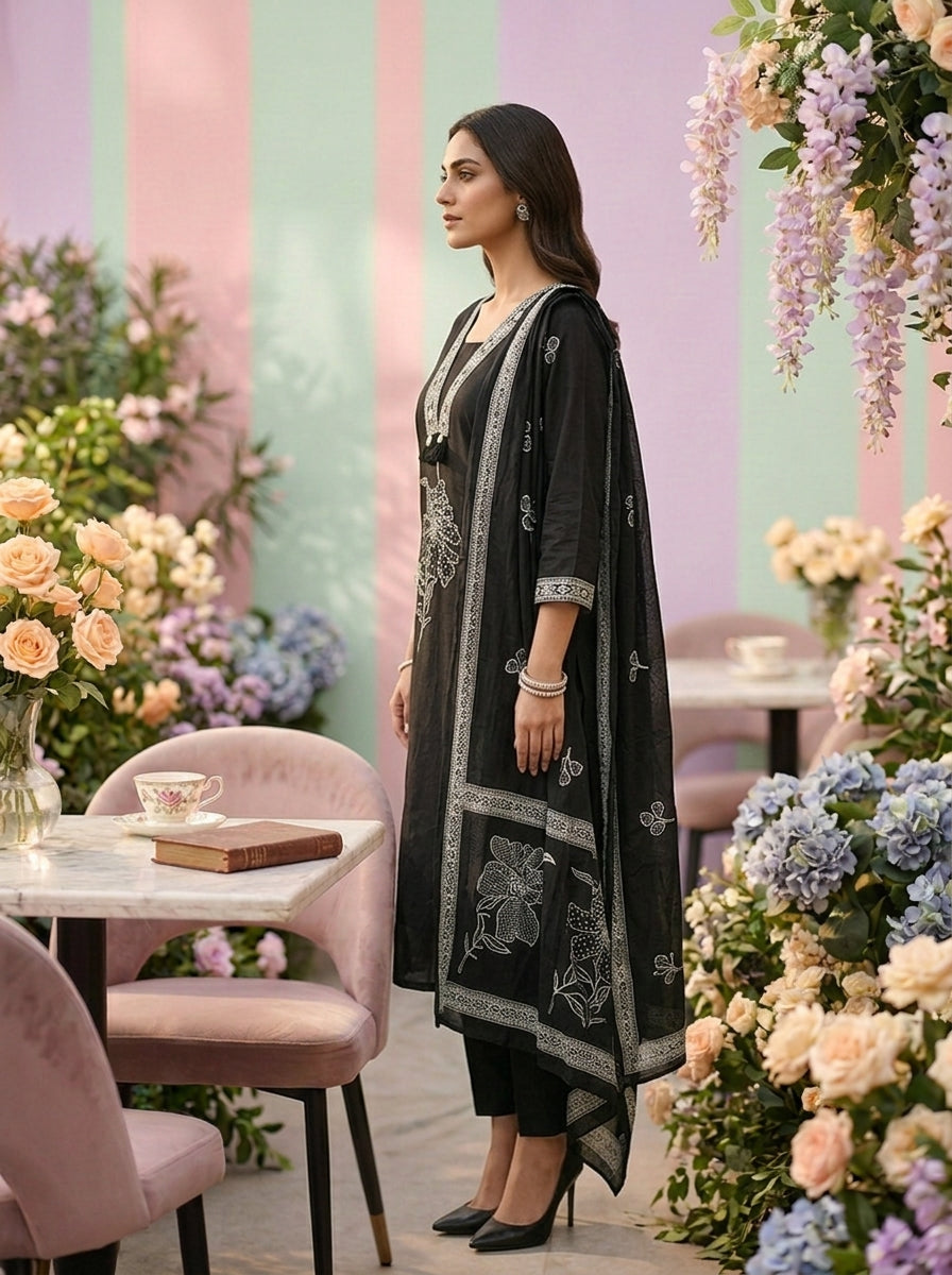 Neerus Black cotton printed suit set - detail view 1