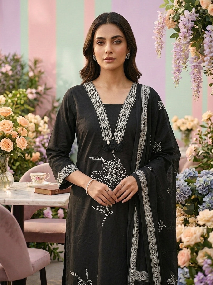 Neerus Black cotton printed suit set - detail view 2