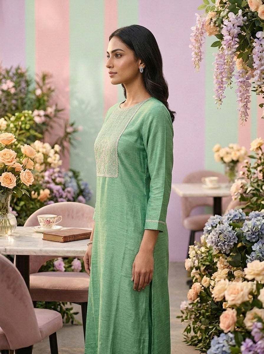Neerus Green cotton thread embroidered kurti - side view